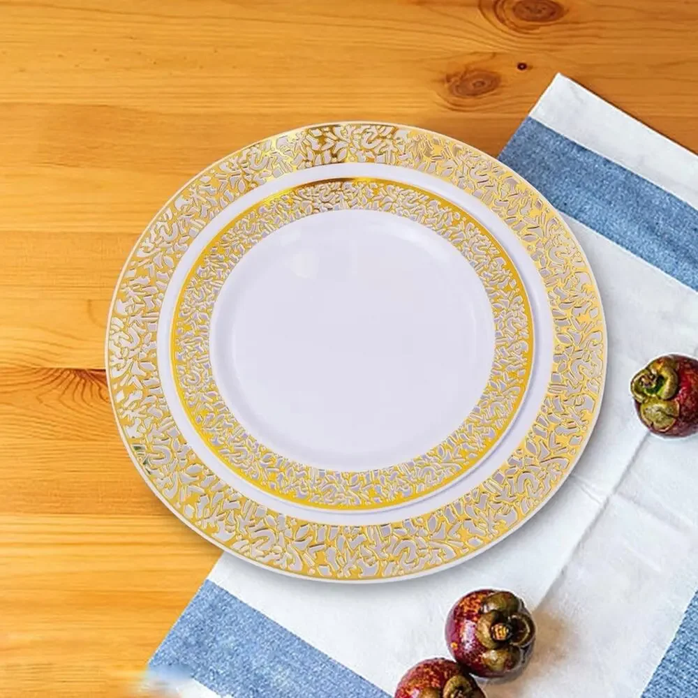 20 NEW Gold Swirl Rim White Plastic Disposable Party Plates Polka Dot Napkins